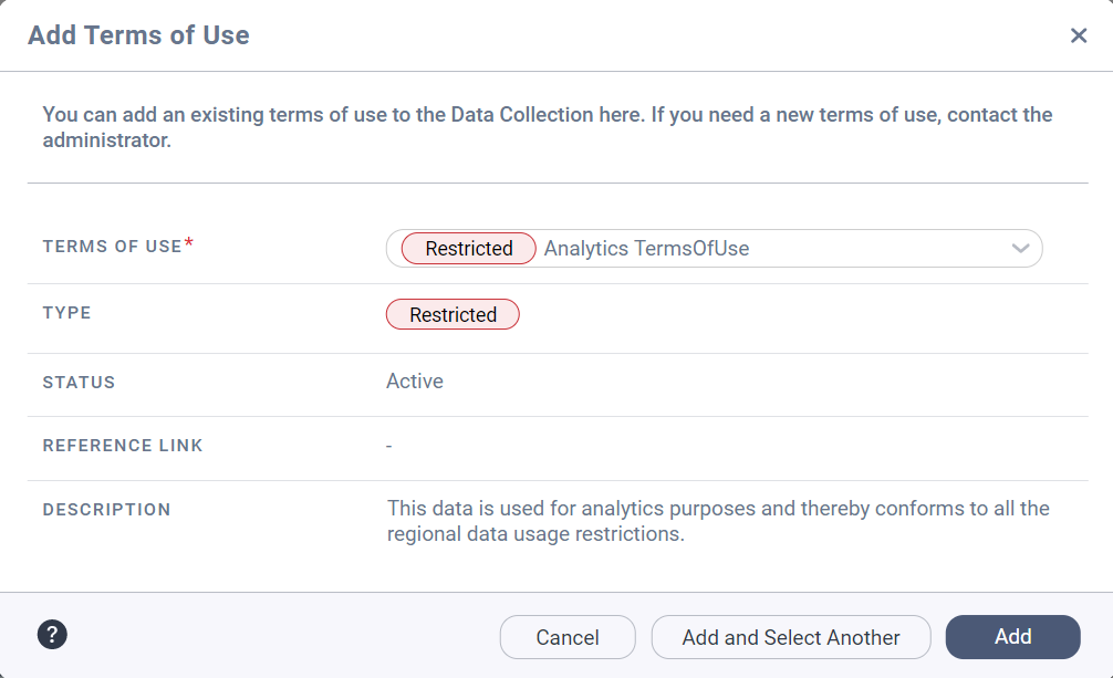 Image depicting the Add Terms of Use dialog box.