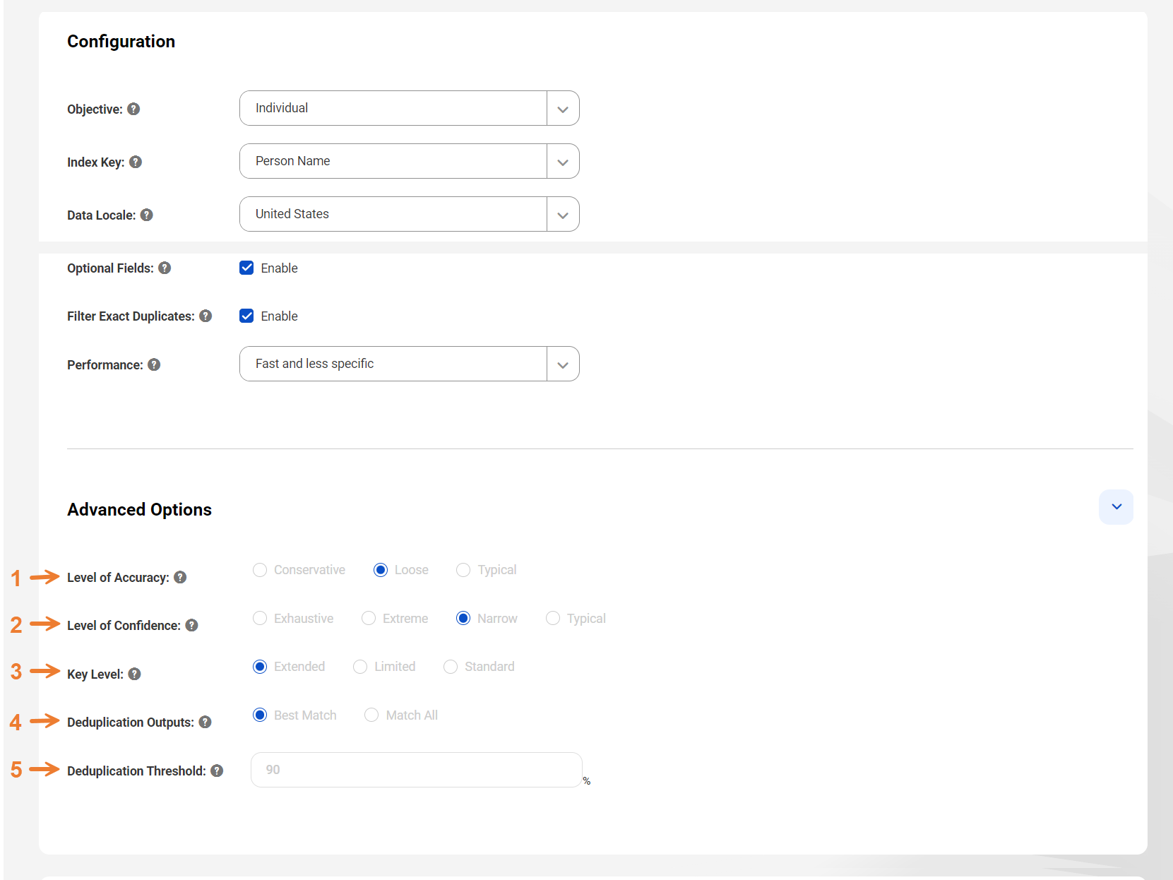 The advanced options include several values that you can set to customize the duplicate analysis that the transformation performs at runtime. The advanced options also include the match threshold value, which you can use to define the level of similarity that must exist between duplicate records.