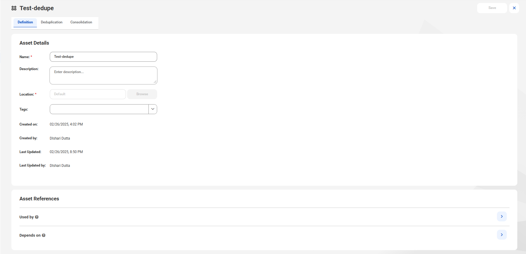 The Definition tab in a deduplicate asset lets you add a name, description, and other details of the asset.
