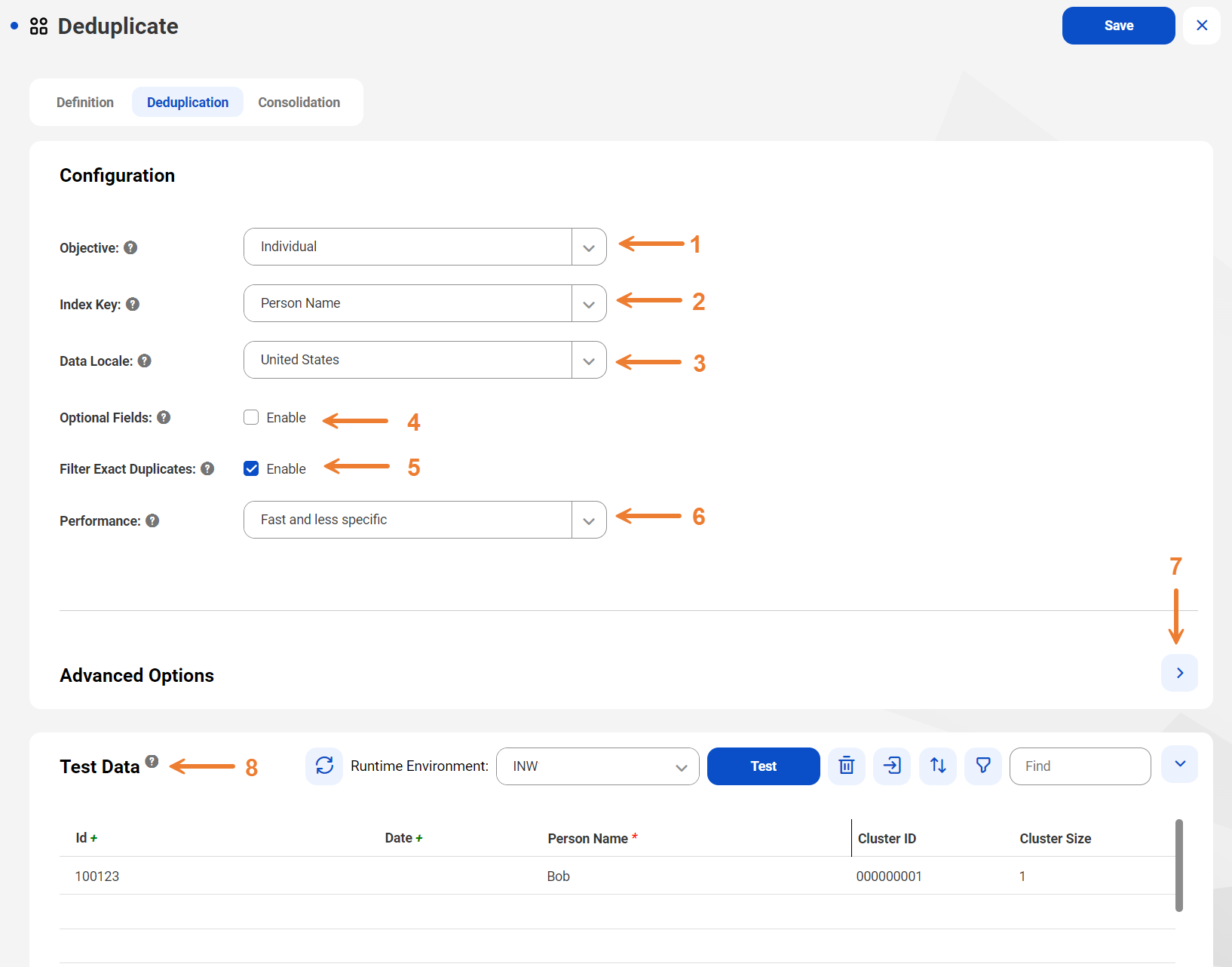 The image shows the deduplication tab. The first and second options on the tab identify the objective and the index key respectively. The deduplication tab also includes a test panel, which displays the mandatory and required keys for the objective and index key that you select.