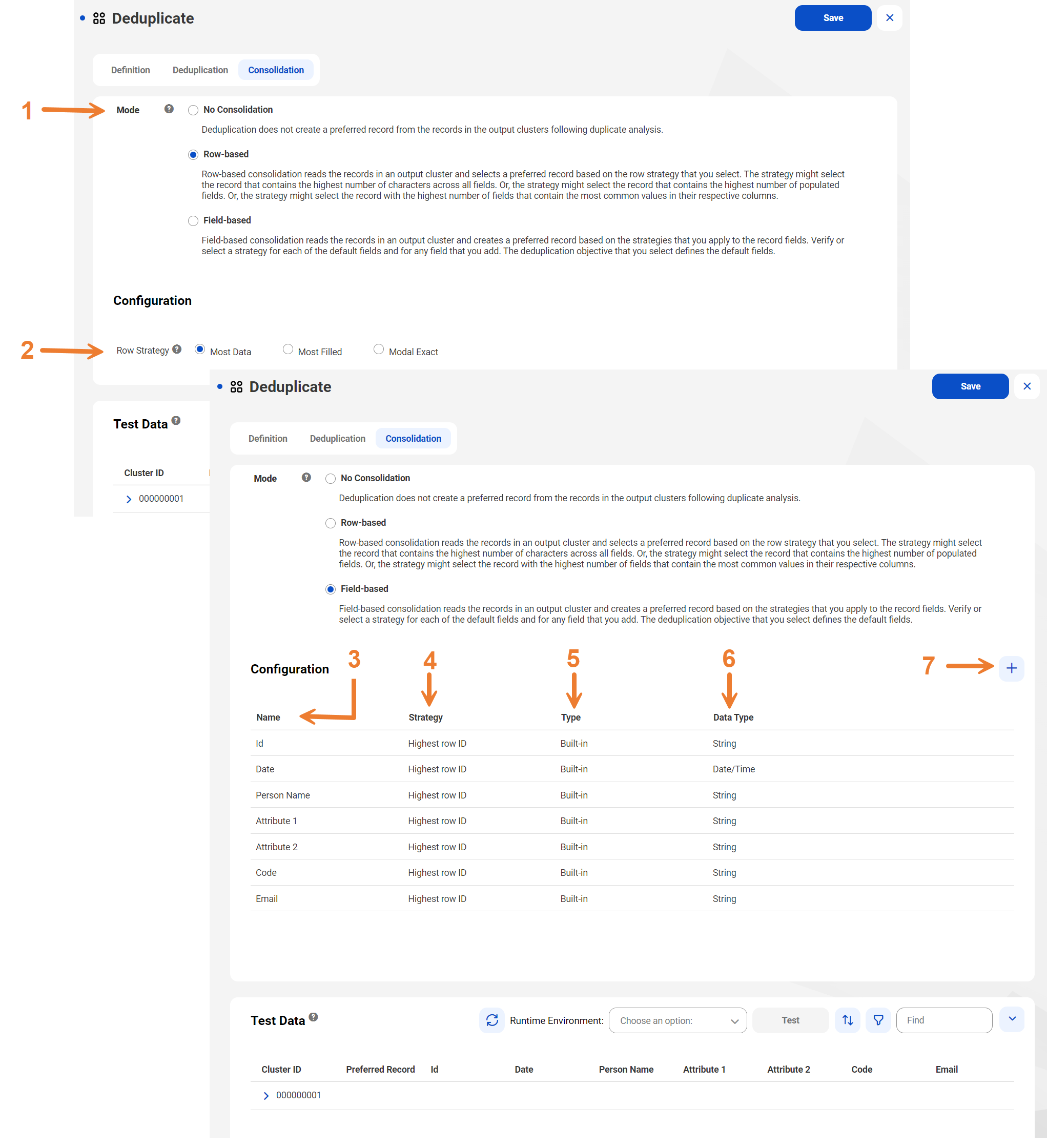 The image shows two overlapping views of the Consolidation tab. One view shows the options for row-based consolidation The other view shows the options for field-based consolidation.