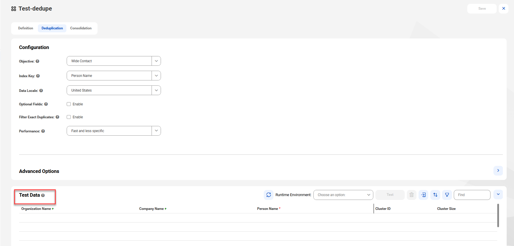 The image depicts the Test Data options.