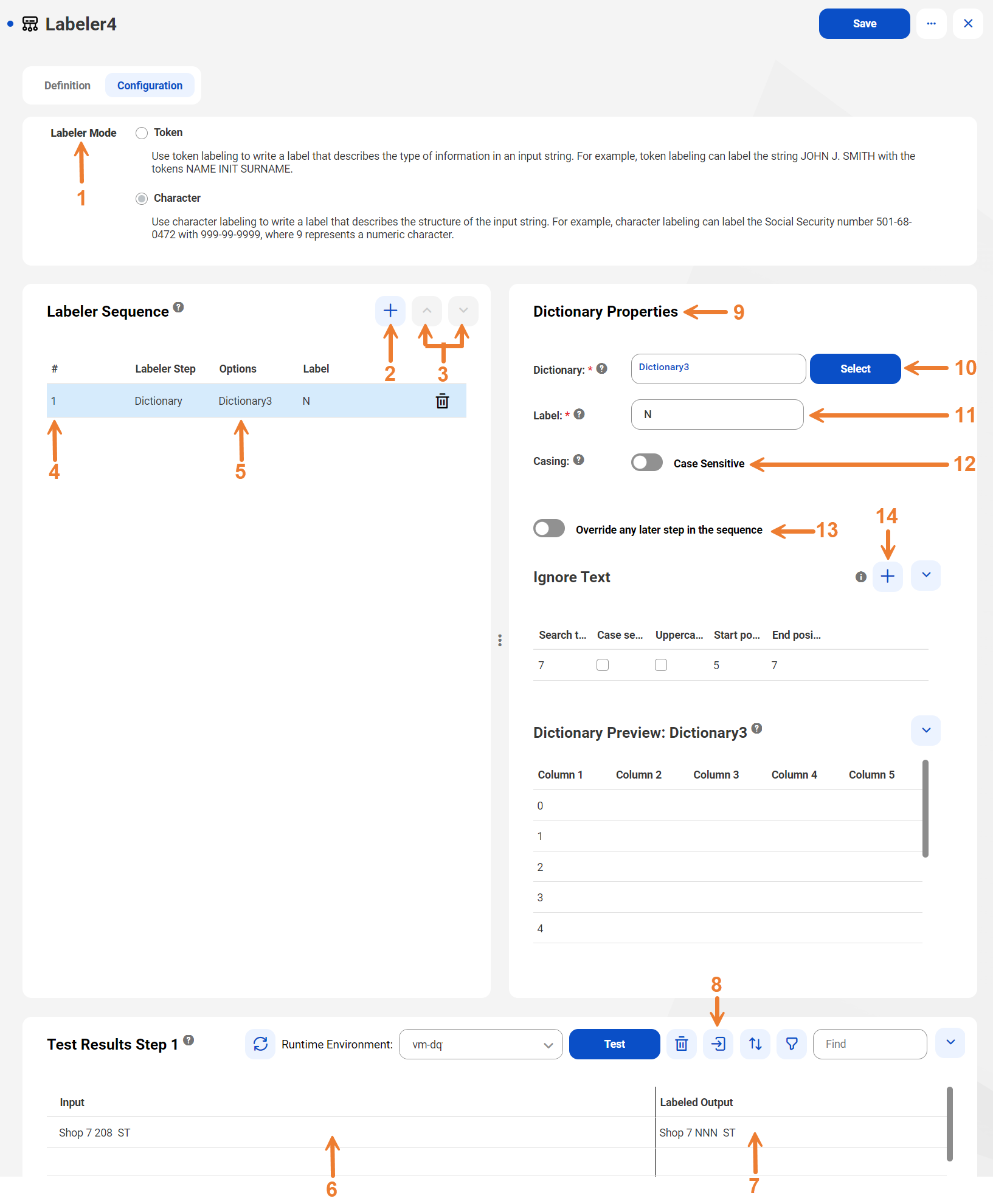 The image shows the Configuration tab of a labeler asset for Character labeling. The tab displays a sequence of a labeler step, the dictionary properties of the step, the test panel, and the run-time environment options.