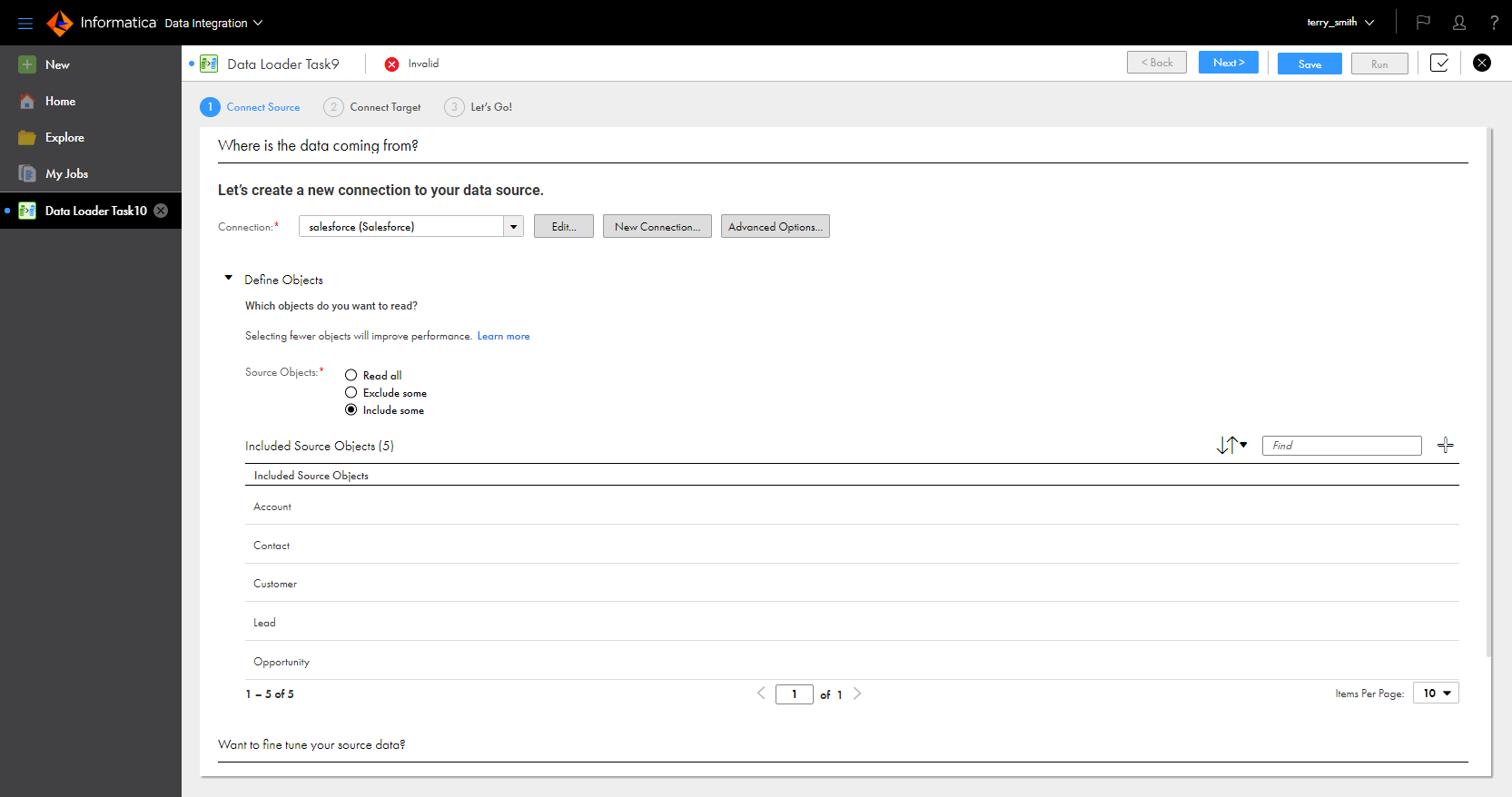 On the Connect Source page, "Include some" is selected under Define Objects. The following objects are selected: Account, Contact, Customer, Lead, and Opportunity.