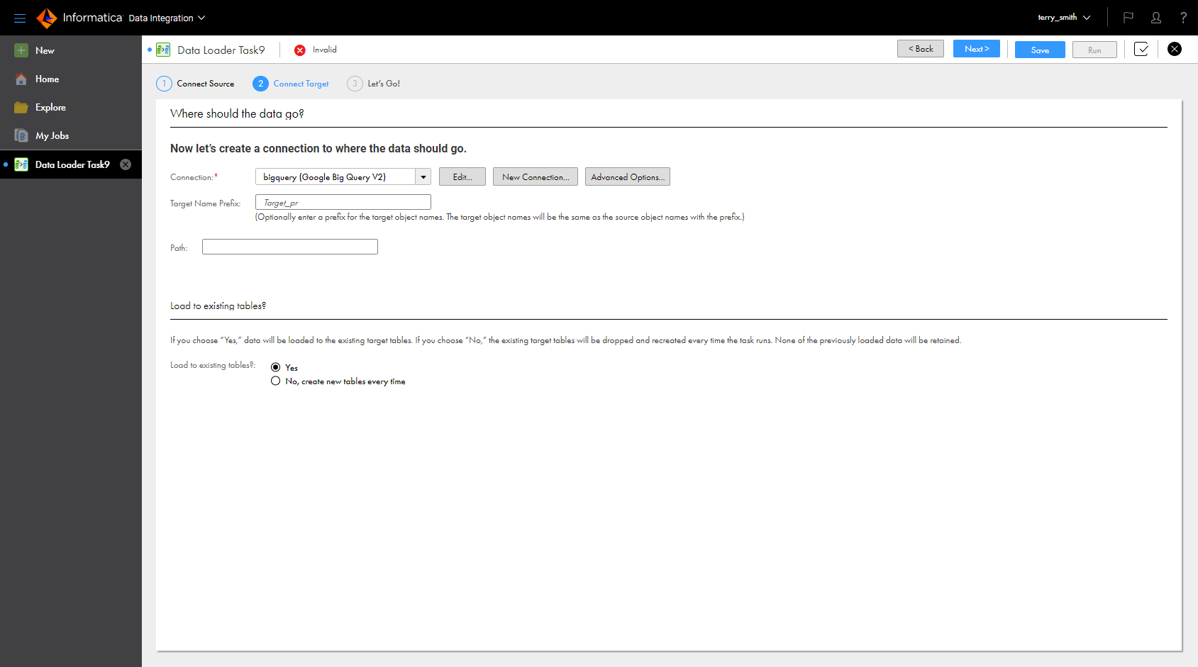 On the Connect Target page, a Google BigQuery connection is selected.