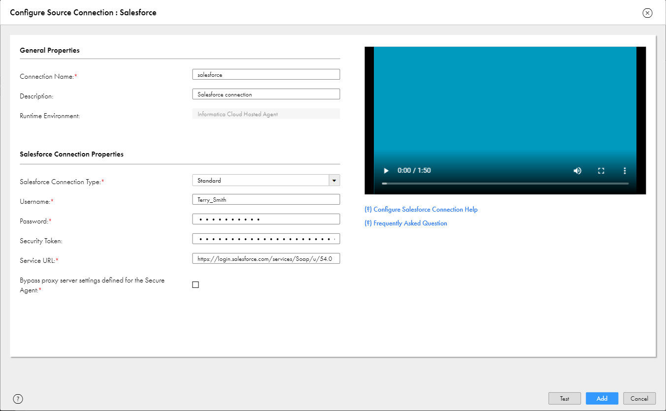 The Configure Source Connection dialog box contains the following fields for a standard Salesforce connection: Connection Name, Description, Runtime Environment, Salesforce Connection Type, Username, Password, Security Token, Service URL, and Bypass proxy server settings defined for the Secure Agent.