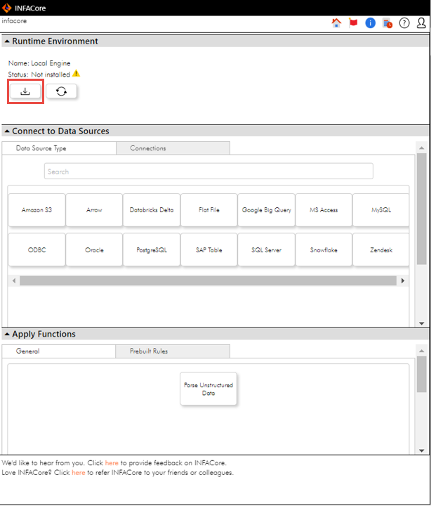 The Runtime environment section shows the install icon that you can click to install the agent installs locally.