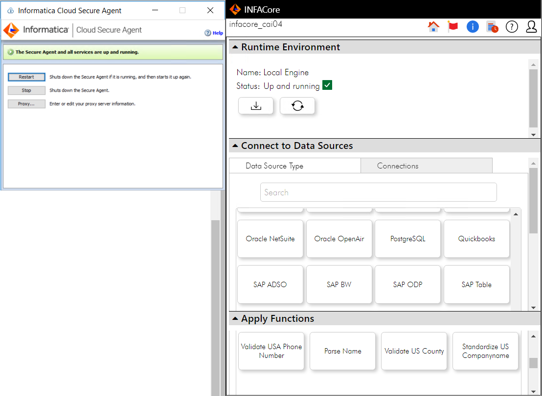 The agent displays locally and the status shows as up and running with a green tick. The Informatica Cloud Secure Agent page also displays.