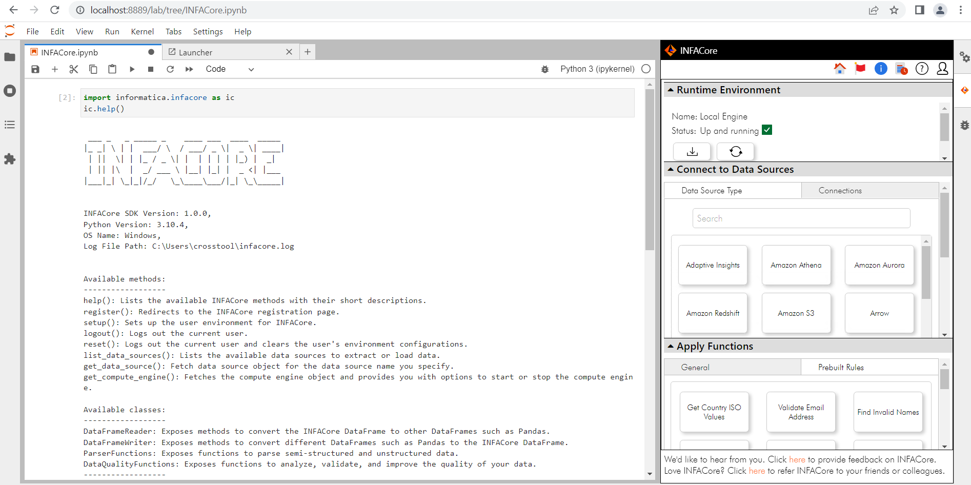 The INFACore Home page displays in JupyterLab, where you can perform basic operations. The SDKs help you programmatically call the INFACore methods and classes.