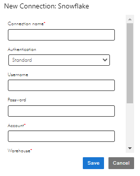 The Snowflake connection properties dialog box displays, where you need to enter the Snowflake account details to connect to Snowflake.