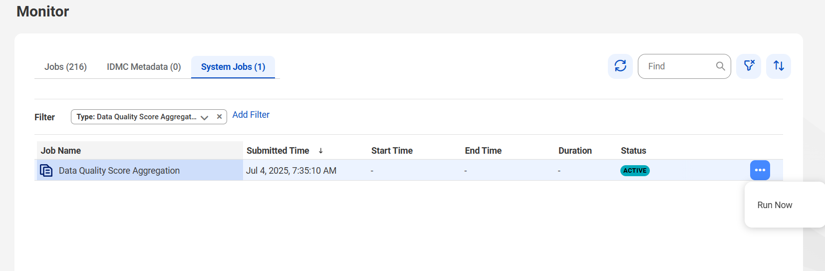 Run a Data Quality Score Aggregation job from the System Jobs tab.