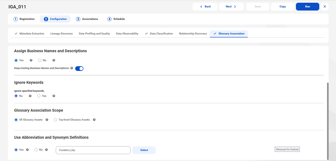 Image of the glossary association tab in the catalog source configuration wizard.