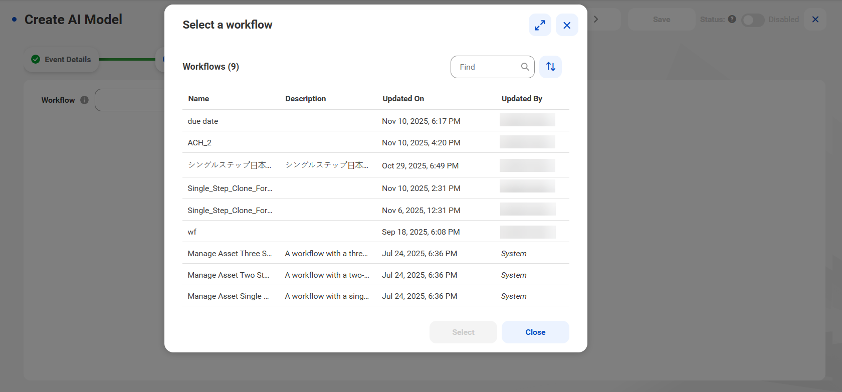 The Select a Process dialog box with a process selected and a Select button.