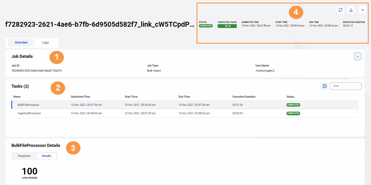 Image of the job Overview page for a bulk import job.