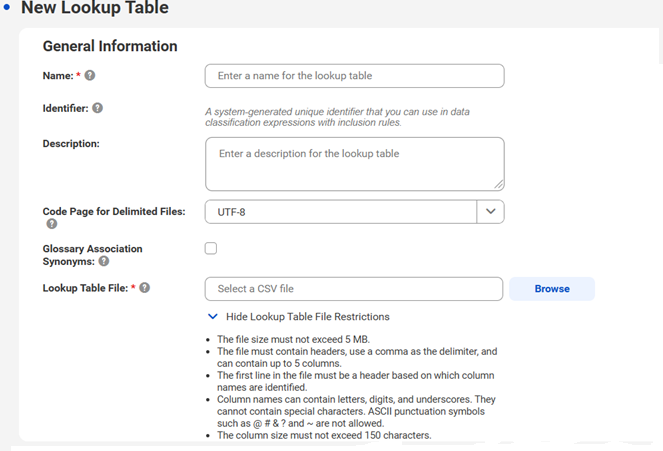 Image of the New Lookup Table page.