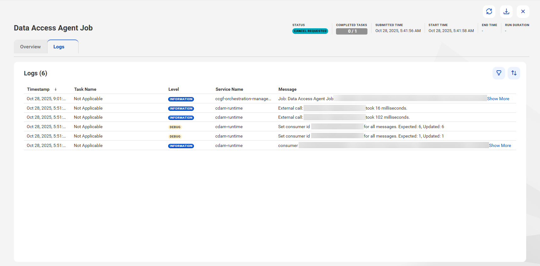 The columns include Timestamp, Task Name, Level, Service Name, and Message.