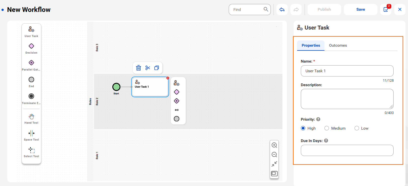 The image shows the workflow editor interface consisting of a toolbar with workflow components on the left, a workflow diagram with a start component connected to a user task component in the center, and a properties panel for editing task details on the right.