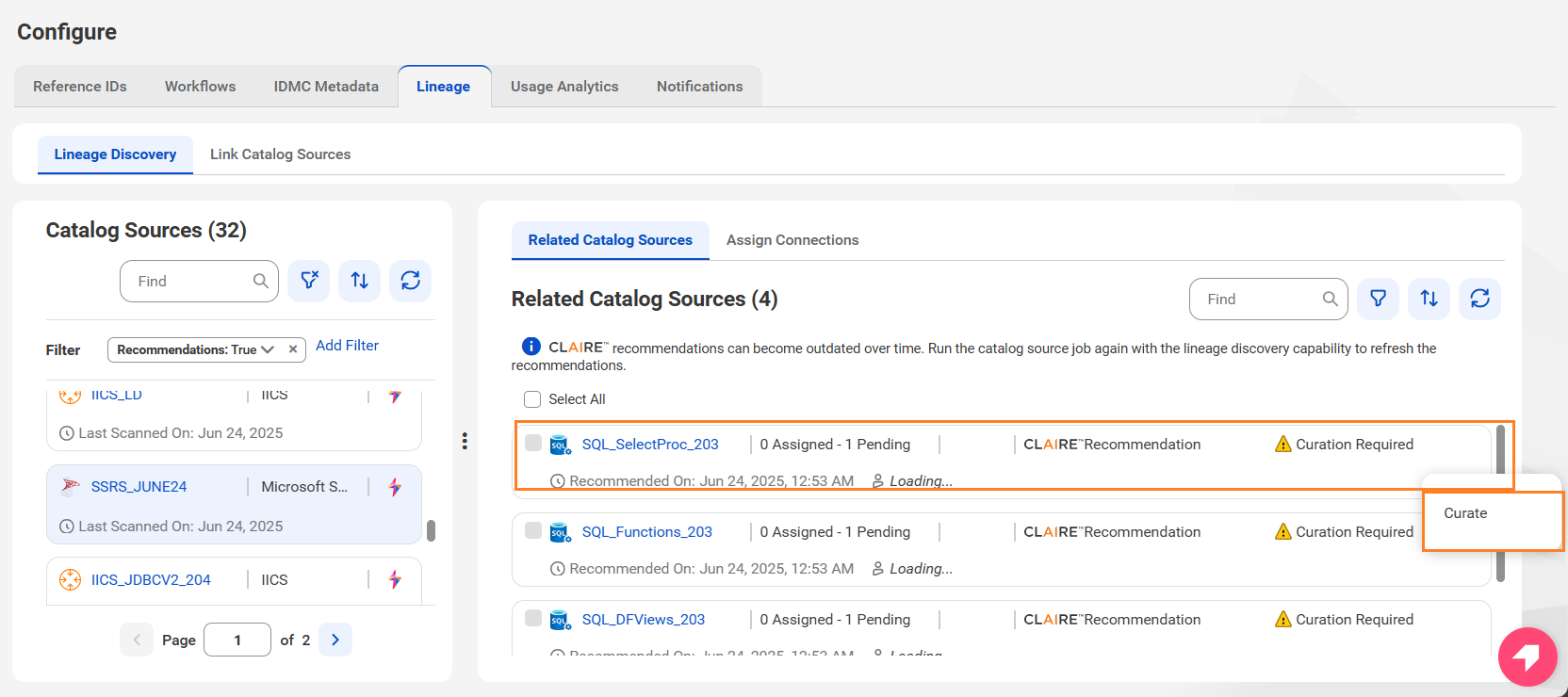 Image of the Related Catalog Sources tab highlighted with the option to curate a CLAIRE recommendation with conflicts.