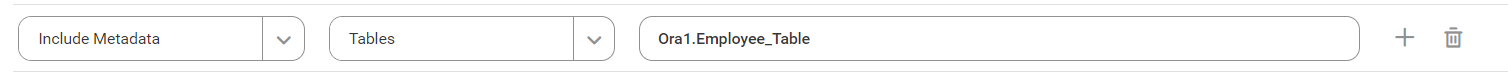 The image shows the filter condition for an Oracle catalog source to include metadata from an Employee_Table table located in the Ora1 schema.