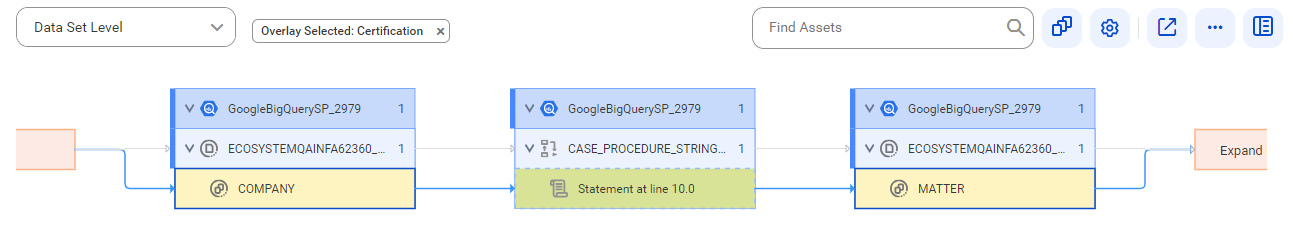 The source lineage diagram starts at the COMPANY reference data set and shows how the data flows to the target MATTER reference data set before connection assignment.