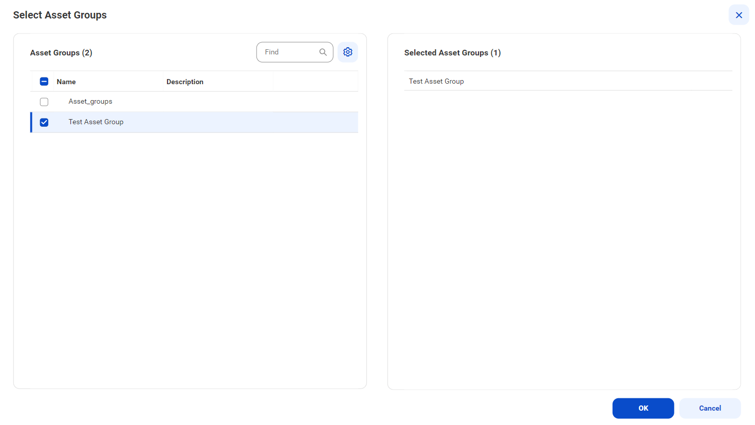 The image shows the Select Asset Groups box with one asset group selected.