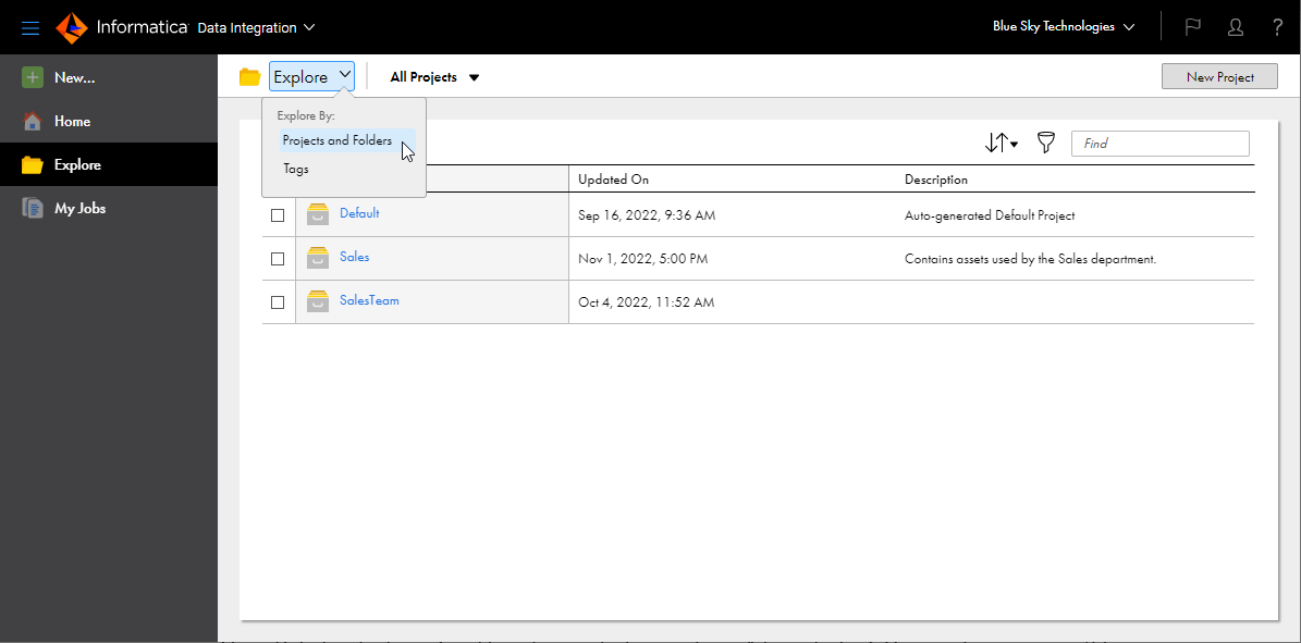 To explore by projects and folders, click Explore and select "Projects and Folders" from the drop-down menu. The New Project button appears in the upper right corner.