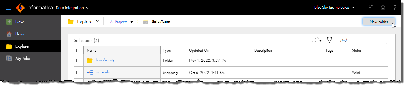 When you open a project, the New Folder button appears in the upper right corner of the Explore page.