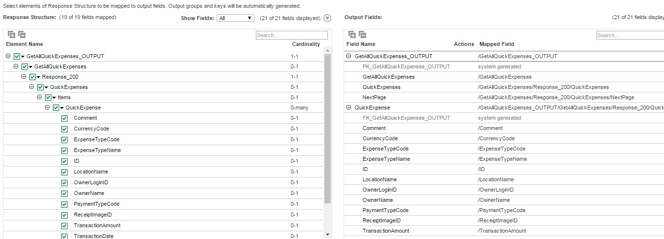 The image displays the response structure on the left pane in a hierarchical format and the output groups on the right pane in a relational format.