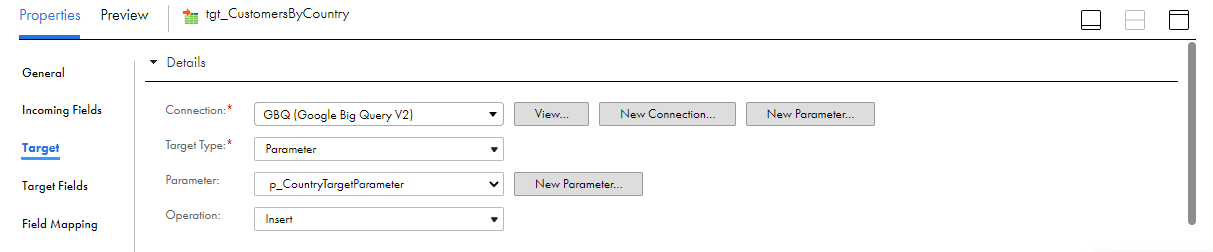 The Target tab of the Properties panel shows the target connection, type, parameter, and operation. For this target type, the operation is set to "Insert" by default.