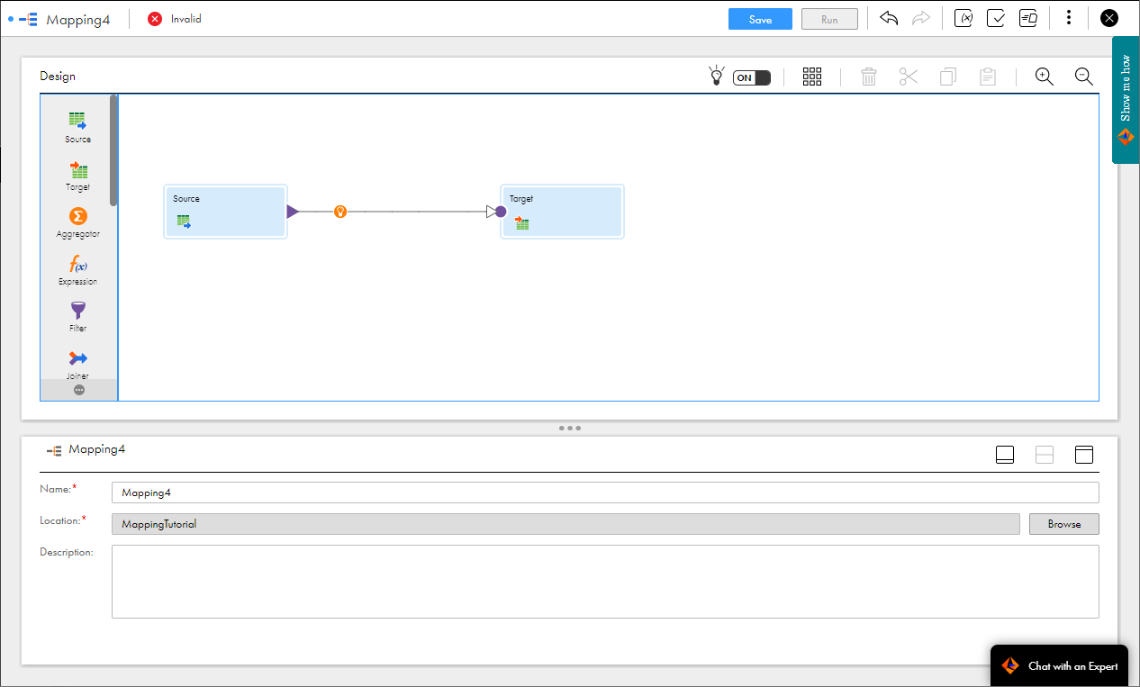 The Mapping Designer includes the mapping canvas, where you build your mapping, and the Properties panel below, where you set properties for the mapping and each of the transformations in the mapping.