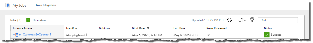 The My Jobs page includes the instance name, location, job start and end times, number of rows processed, and status of the job.