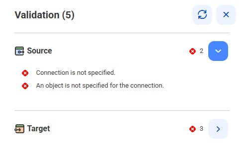 The Validation panel showing 2 errows for the Source and 3 errors for the Target. The Source errors are expanded to show details about the associated errors.