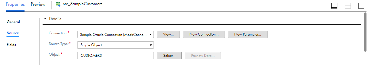 The Source tab of the Properties panel displays the selected source connection, type, and object for the source transformation.