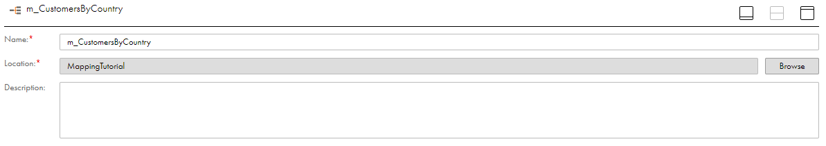 The Properties panel appears at the bottom of the Mapping Designer. It contains fields for the mapping name, location, and optional description.