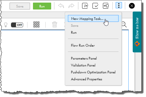 The image shows the Actions menu, which includes the following options: New Mapping Task, Save, Run, Flow Run Order, Parameters Panel, Validation Panel, Pushdown Optimization Panel, and Advanced Properties. The cursor appears over "New Mapping Task."