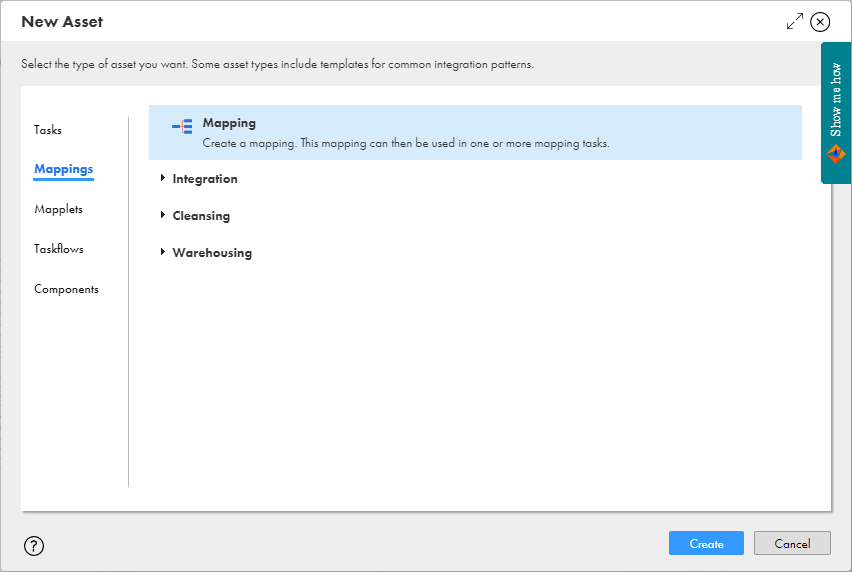In the New Asset dialog box, "Mappings" is selected on the left and "Mapping" is selected at the top.