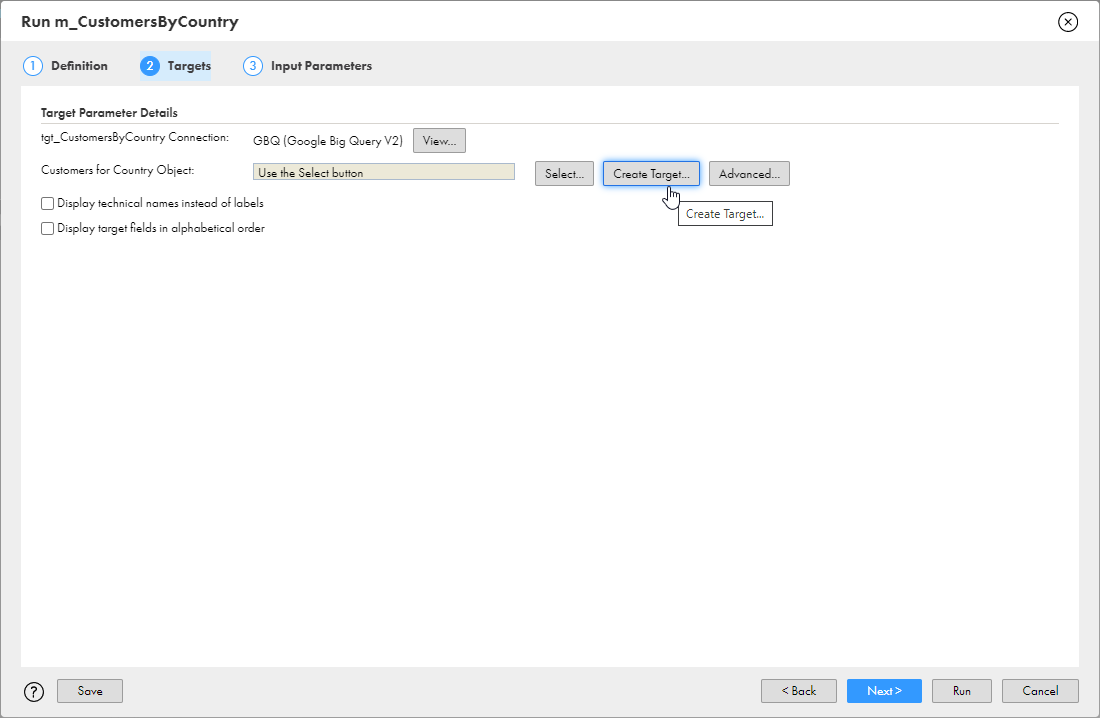 The Target Parameter Details section of the Targets page includes the "Customers for Country" object parameter, where you can select a target object or create a new target. The cursor hovers over the Create Target button to the right of the parameter field.