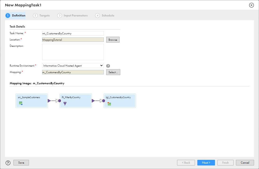 In the Definition page, you enter the task details and select the runtime environment. In this example, the task name is set to "mt_CustomersByCountry," and the runtime environment is set to "Informatica Cloud Hosted Agent."