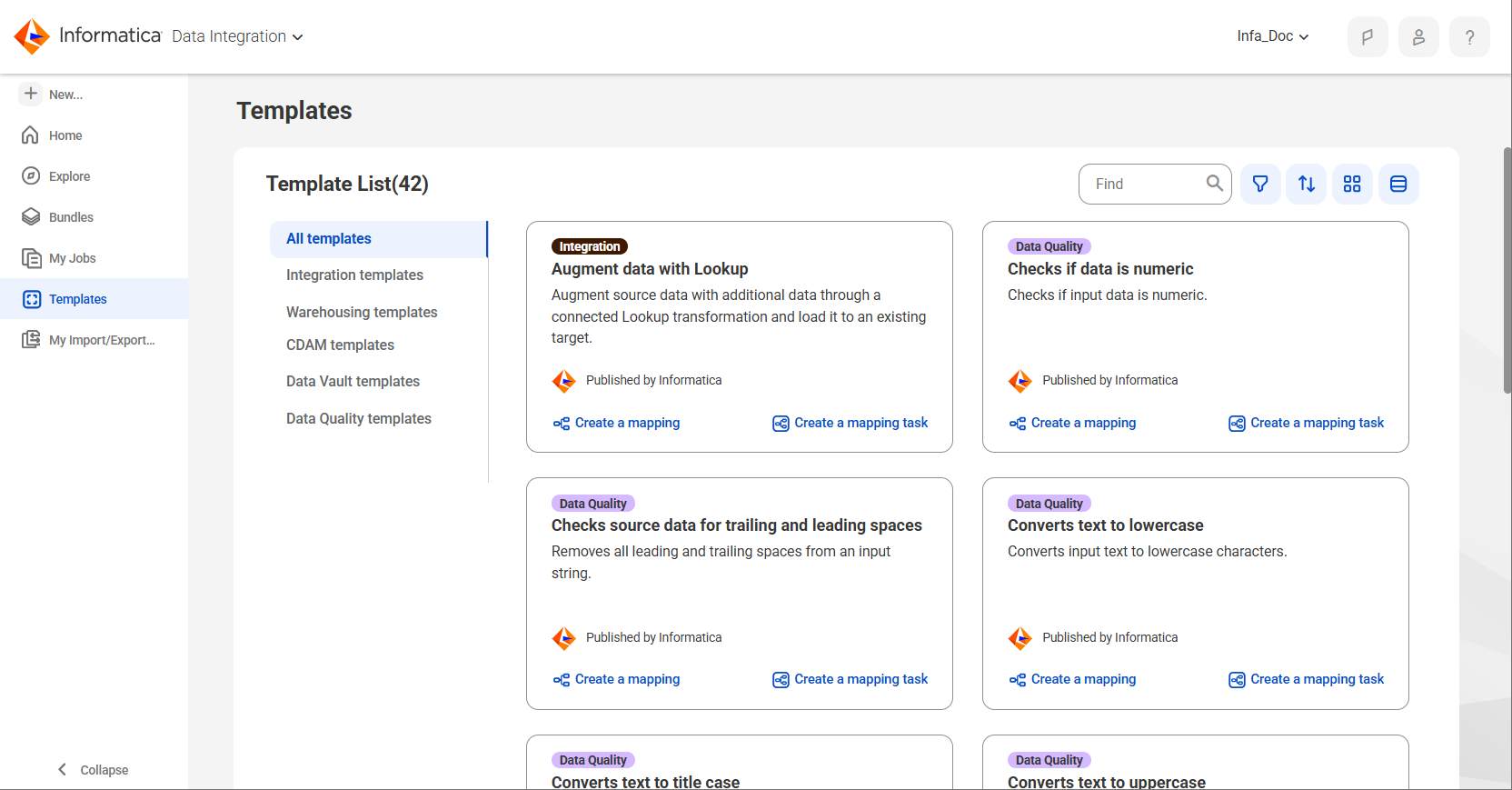 Mapping templates are available on the Templates page. In this image, the All templates tab is open and shows four templates. The page also has tabs for the different categories of templates including Integration, Warehousing, and Data Vault. Each template has an option to create a mapping task or a mapping based on the template.