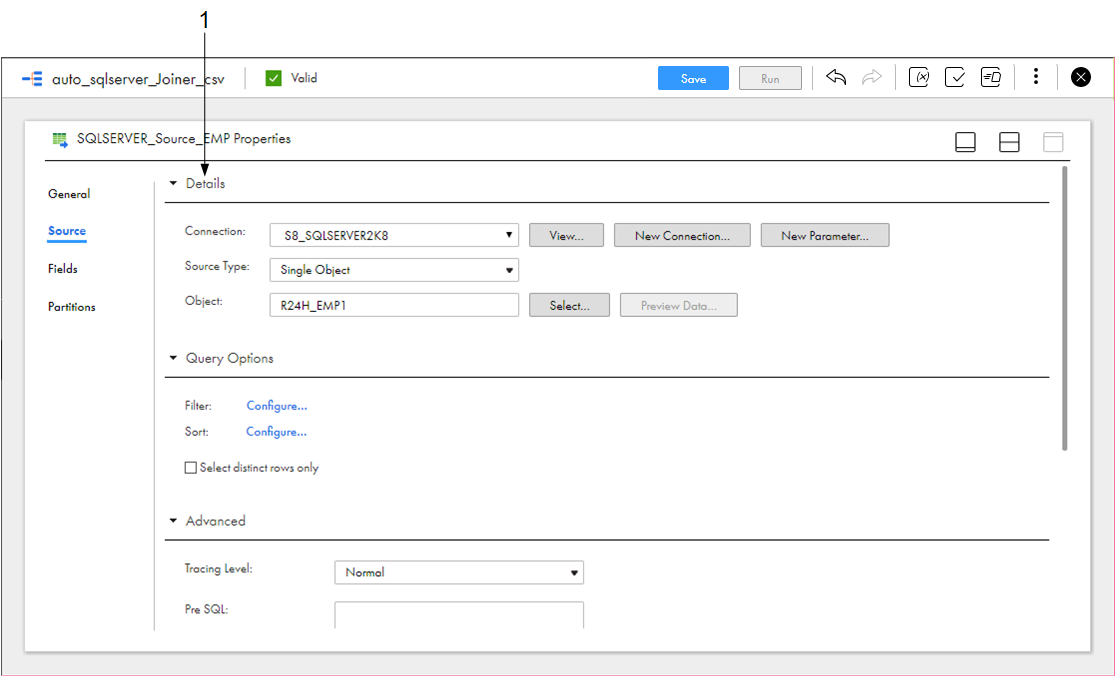 The Source tab for a relational source contains the following source details: Connection, Source Type, and Object. It also contains query options and advanced properties. The fields on the Source tab vary based on the connection type.
