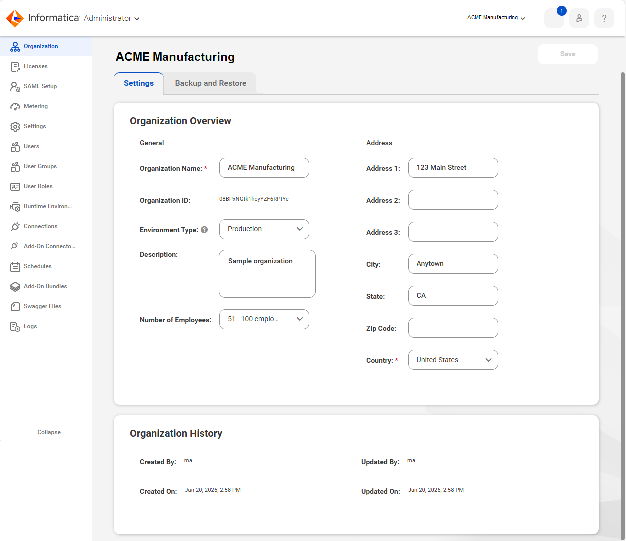 The Organization page displays details about the organization that include the name and address properties, authentication properties, and Data Integration service properties. The Organization page displays details about the organization that include the name and address properties, authentication properties, and Data Integration service properties.