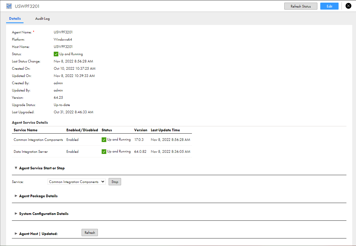 <draft-comment>The agent details page displays agent details, agent service details, package details, configuration properties, and information about the agent host. You can start and stop services and change the configuration details on this page.