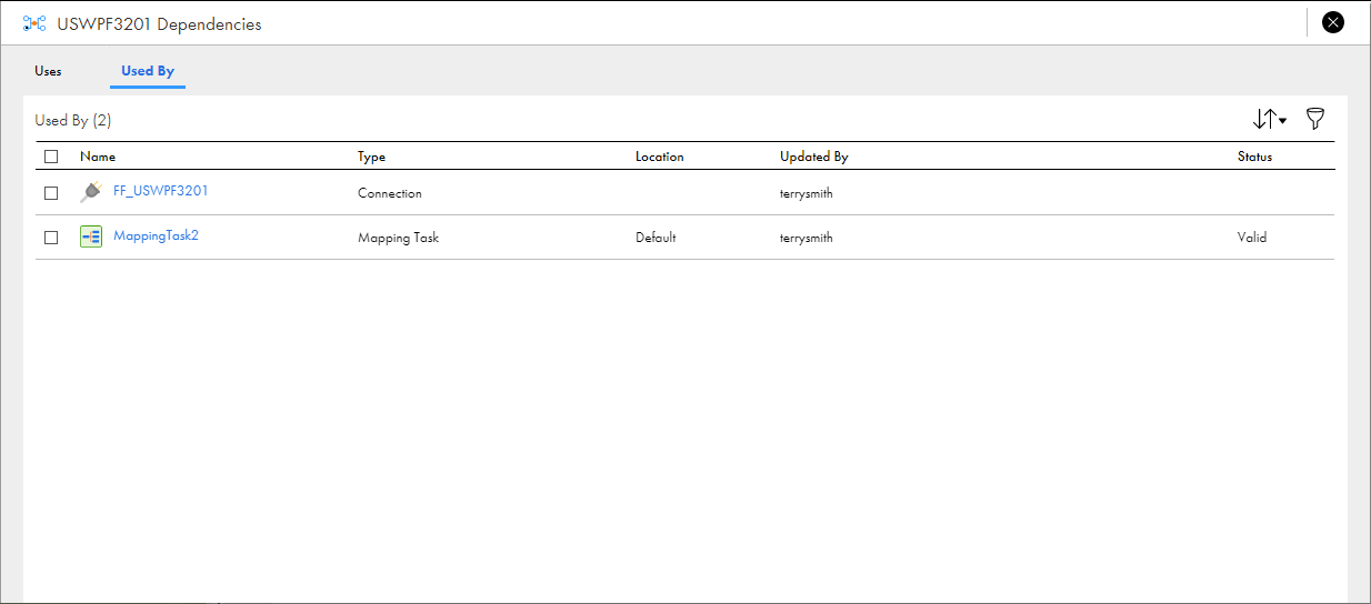 The Dependencies page for the Secure Agent group shows a connection and mapping task that use the Secure Agent group as the runtime environment. The page lists the Name, Type, Location, Updated By, and Status columns for each dependency.
