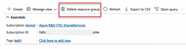 The Delete Resource Group button in the Azure portal. T
