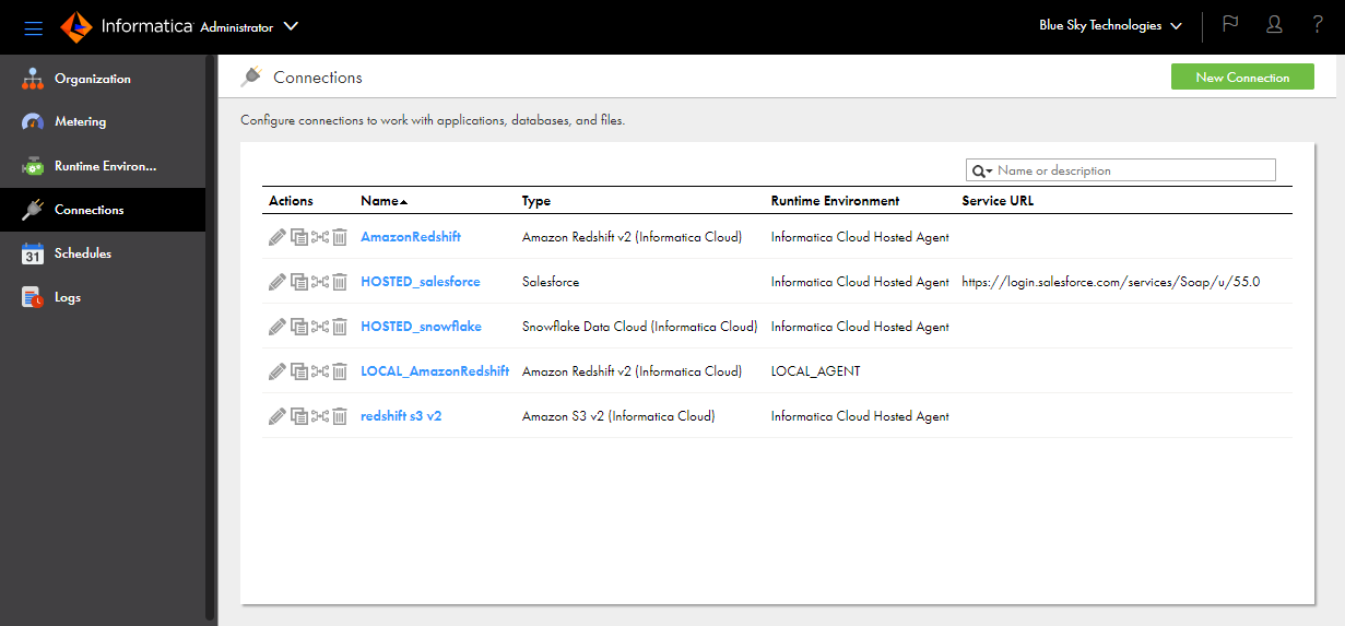The Connections page shows all of the connections that have been configured in the organization. The page shows the name, type, runtime environment, and service URL for each connection. To create a connection, click "New Connection" at the top of the page. You can use the search field above the connections list to search for a connection.