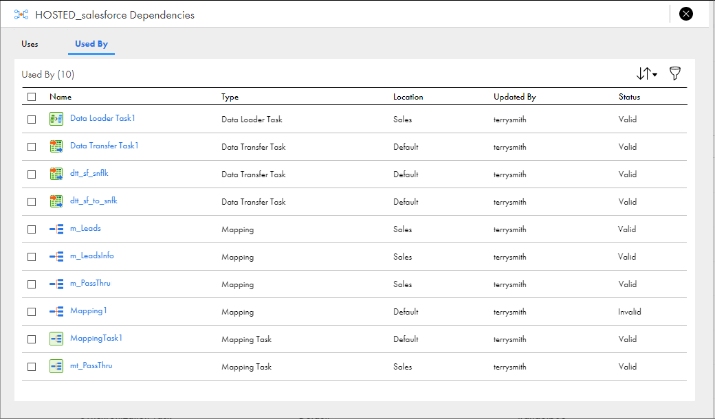 The image shows ten assets that use the connection. The page shows the Name, Type, Location, Updated By, and Status columns for each asset.