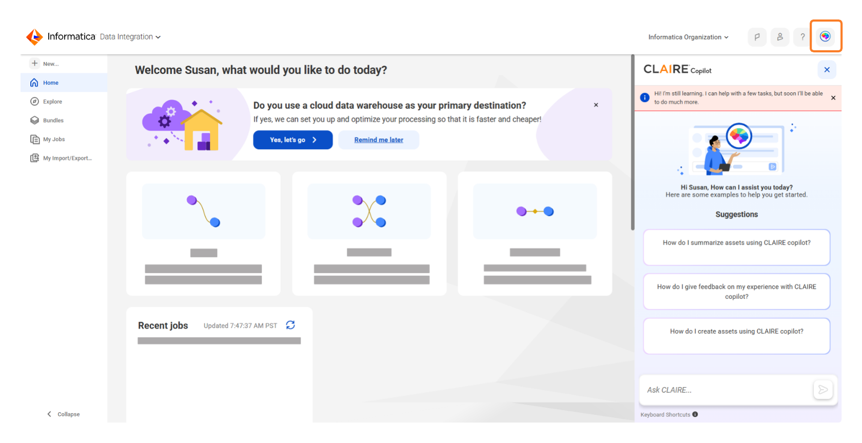 The CLAIRE Copilot conversation window is open after clicking the CLAIRE icon. It shows the sample prompts, the prompt text box, and the keyboard shortcuts.