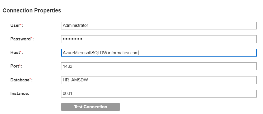 The image displays the connection properties for an Azure Microsoft SQL Data Warehouse Resource.