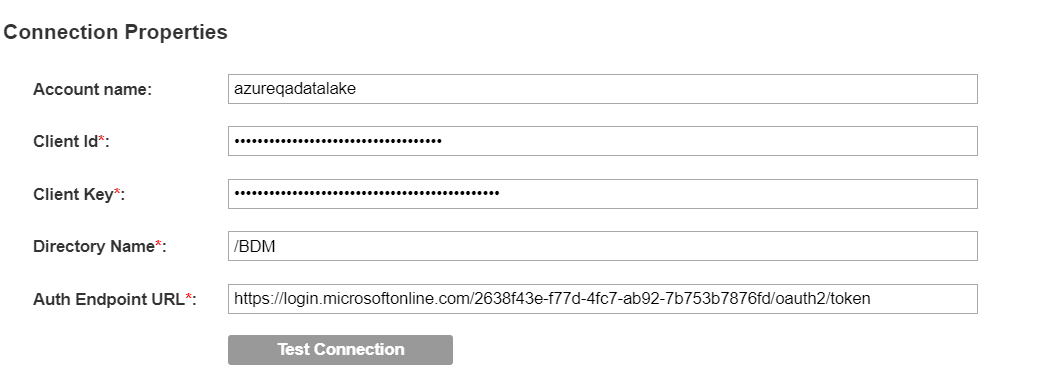The image displays the connection settings for an Azure Data Lake Store reosurce.