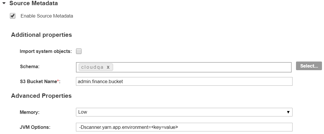 The image displays the source metadata settings for an Amazon Redshift resource.